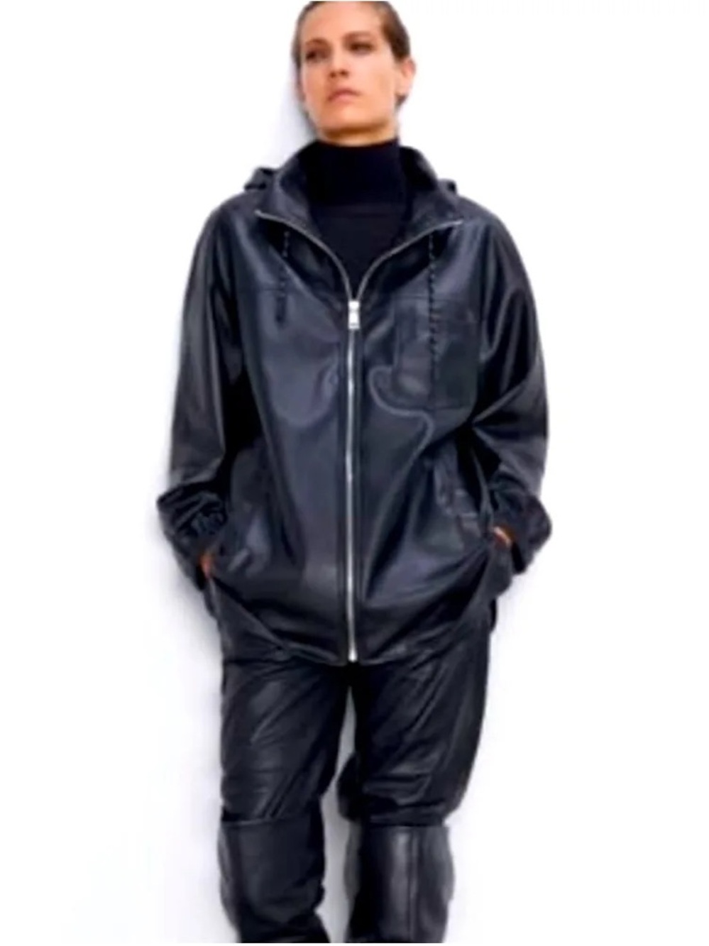 Zara Black Faux Leather Hooded Puffer Jacket - woman’s